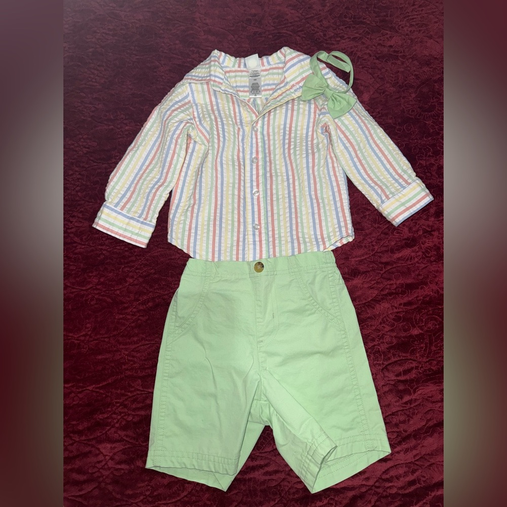 Little Me Toddler Boys Striped Shirt and Green Shorts Set 🤍